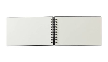 Açık defter, beyaz arka plan üzerinde kopya alanı, üstten görünüm izole