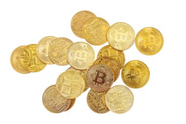 Bitcoins izole üzerinde beyaz arka plan yığın