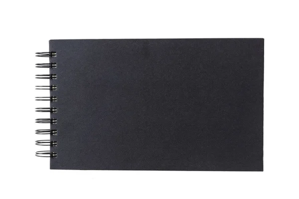Buku catatan hitam, diisolasi pada latar belakang putih, ruang fotokopi, tampilan atas — Stok Foto