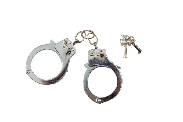 Metal handcuffs isolated on white background, top view — Stock Photo, Image