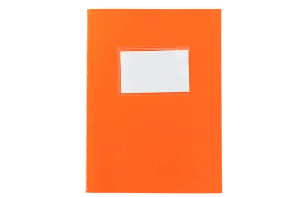 Cuaderno escolar antiguo aislado sobre fondo blanco, etiqueta en blanco, espacio para copiar, vista superior — Foto de Stock