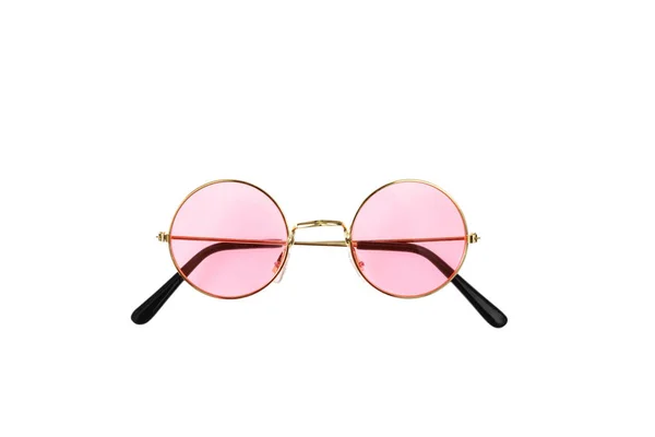 Occhiali da sole montatura dorata con lente rosa isolato su sfondo bianco, vista dall'alto — Foto Stock