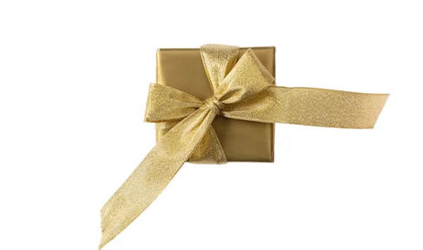 Gyllene presentbox isolerad på vit bakgrund, ovanifrån — Stockfoto