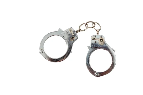 Metal handcuffs isolated on white background, top view — Stock Photo, Image