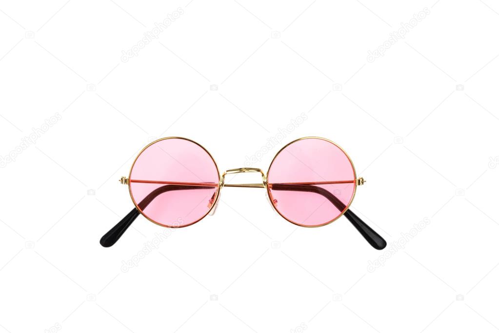 Golden frame sunglasses with pink lens isolated on white background, top view
