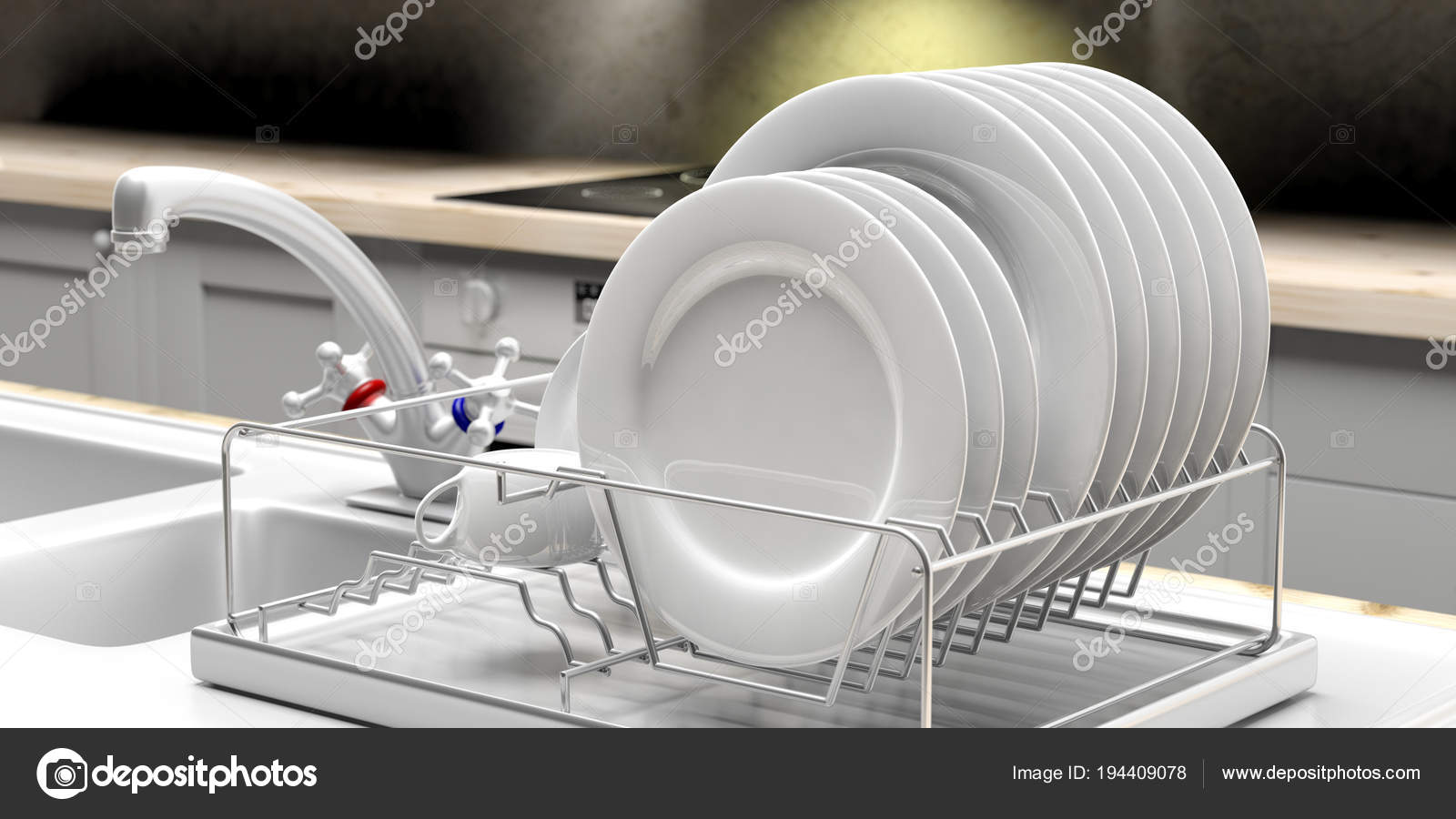 Dish drying rack with white plates on a white kitchen counter. 3d
