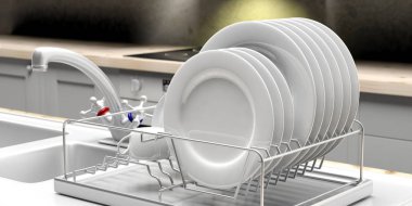Beyaz mutfak tezgahı üzerinde beyaz plakalı kurutma rack çanağı. 3D çizim