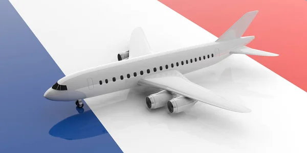 Airplane on France flag background, view from above. 3d illustration — Stock Photo, Image