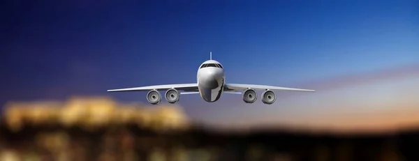 Airplane on airport runway, blur airfield background, front view. 3d illustration — Stock Photo, Image