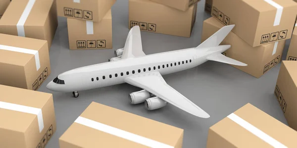 Weißes Flugzeug mit vier Triebwerken und Umzugskartons auf grauem Hintergrund, Blick von oben. 3D-Illustration — Stockfoto