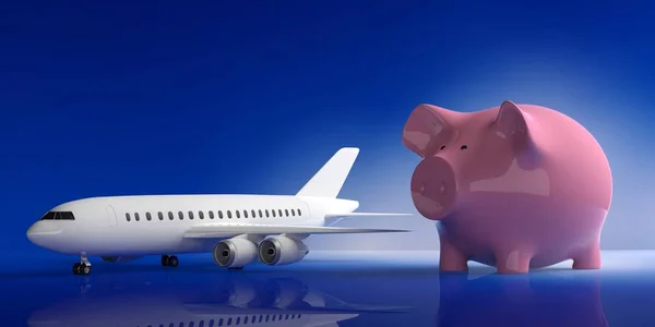 Avião e um porquinho isolado no fundo azul. ilustração 3d — Fotografia de Stock