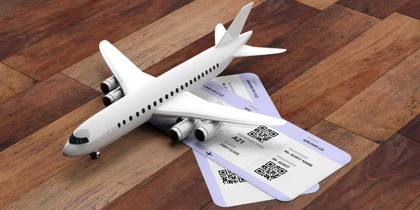 Avião e cartão de embarque em fundo de madeira. ilustração 3d — Fotografia de Stock