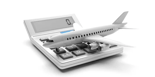 Vliegtuig en een rekenmachine geïsoleerd op een witte achtergrond. 3D illustratie — Stockfoto