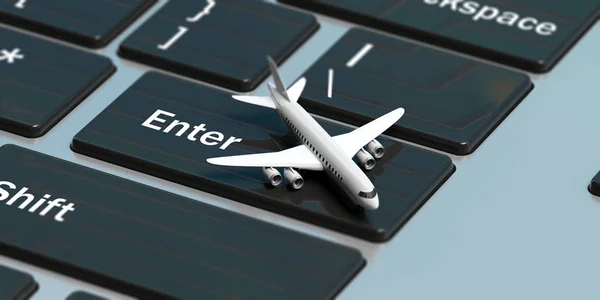 Reserva en línea. Avión en un teclado de computadora, vista desde arriba. ilustración 3d — Foto de Stock