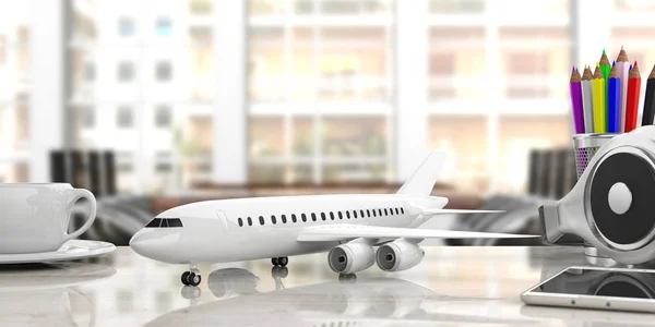 Vliegtuig op een bureau, zakelijke achtergrond wazig. 3D illustratie — Stockfoto