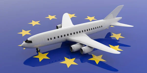 Avion sur fond de drapeau de l'UE, vue d'en haut. Illustration 3d — Photo