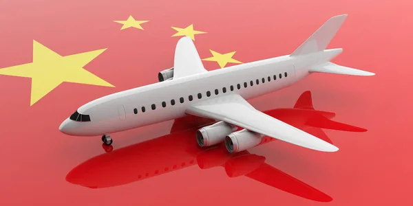 Flugzeug auf dem Hintergrund der chinesischen Flagge, Blick von oben. 3D-Illustration — Stockfoto