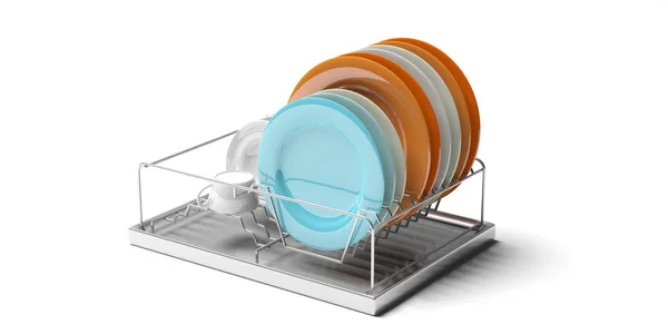 Стойка сушки кухонной посуды изолирована на белом фоне. 3d иллюстрация — стоковое фото