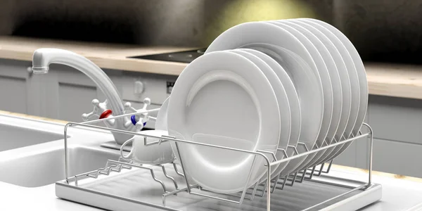 Stendi piatti con piatti bianchi su un bancone da cucina bianco. Illustrazione 3d — Foto Stock