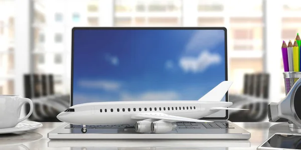 Flugzeug auf einer Computertastatur, verschwimmen Bürohintergrund. 3D-Illustration — Stockfoto