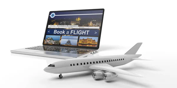 Online vlucht boeken. Vliegtuig en een laptop geïsoleerd op een witte achtergrond. 3D illustratie — Stockfoto