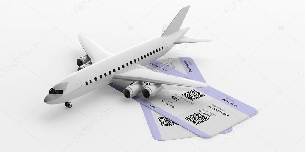 Airplane and boarding pass isolated on white background. 3d illustration