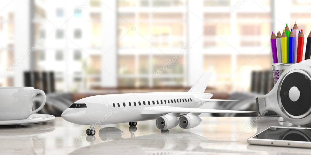 Airplane on an office desk, blur business background. 3d illustration