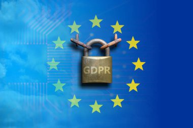 AB genel veri koruma Yönetmeliği. Gdpr ve Avrupa Birliği bayrağı bir asma kilit. 3D çizim
