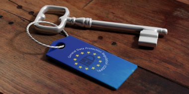 Bir anahtar etiketi, ahşap arka plan Gdpr ve Avrupa Birliği bayrağı. 3D çizim