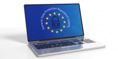 Gdpr, Europe. Beyaz arka plan üzerinde izole dizüstü ekran genel veri koruma Yönetmeliği. 3D çizim