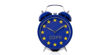 Gdpr ve Avrupa Birliği bayrağı beyaz arka plan üzerinde izole bir çalar saat. 3D çizim