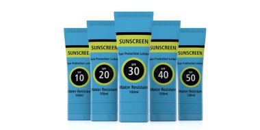 Güneş kremi, güneş koruma losyonu beyaz arka plan üzerinde Önden Görünüm izole. 3D çizim