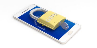Gdpr, Europe. Beyaz arka plan üzerinde izole bir smartphone genel veri koruma Yönetmeliği. 3D çizim