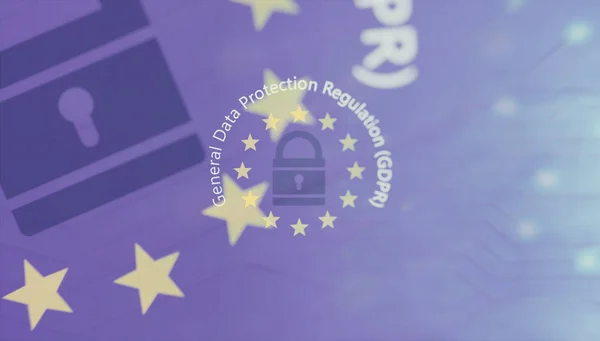 GDPR, Eropa. Teks Peraturan Perlindungan Data Umum pada bendera Uni Eropa. Ilustrasi 3d — Stok Foto