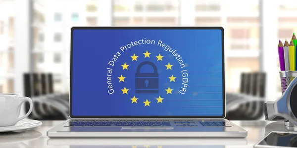 Gdpr, Evropa. Text nařízení o ochraně všeobecných údajů na displeji notebooku, rozostření pozadí úřadu. 3D obrázek — Stock fotografie