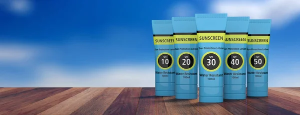 Solskydd, sun protection lotion isolerad på trädäck, blå himmel bakgrund. kopia utrymme, banner. 3D illustration — Stockfoto