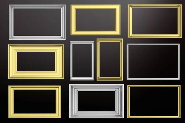 Κορνίζες για χρυσά και ασημένια απομονωμένες σε μαύρο φόντο αντίγραφο χώρου, 3d απεικόνιση — Φωτογραφία Αρχείου