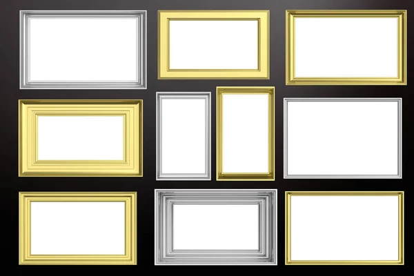 Marcos de oro y plata aislados en el espacio de copia de fondo negro, ilustración 3d —  Fotos de Stock