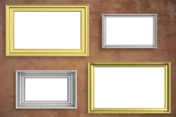 Marcos de oro y plata aislados en el espacio de copia de fondo de pared marrón, ilustración 3d —  Fotos de Stock