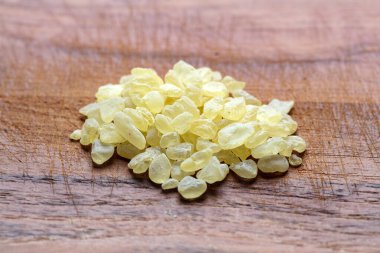 Chios mastic tears on wood, close-up view