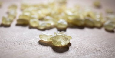 Chios mastic tears on wood, close-up view