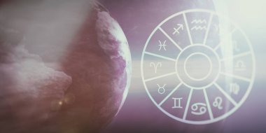 Dünya ve uzay arkaplanında Zodiac işaretleri ayarlandı