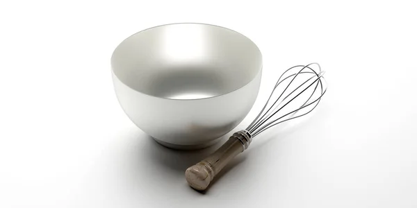 Mixing bowl and wiire whisk isolated against white background, 3d illustration — Stock Photo, Image