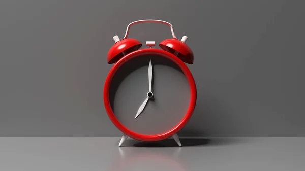 Jam alarm tua merah pada latar belakang abu-abu, ilustrasi 3d — Stok Foto