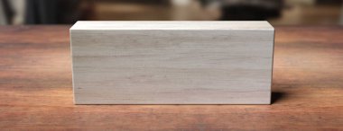 Ahşap bir rafta boş tahta tabela, bulanık arkaplan. 3d illüstrasyon