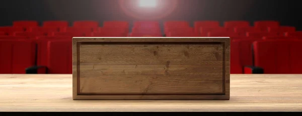 Blank wooden sign on a wooden stage, blur theater background. 3d illustration
