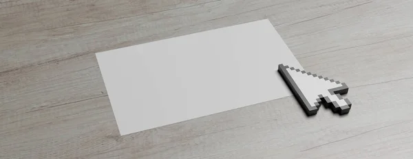 Ponteiro do cursor do mouse em um papel branco contra fundo de madeira. ilustração 3d — Fotografia de Stock