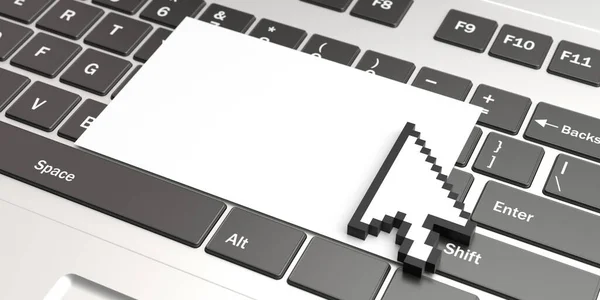 Puntatore del cursore del mouse su uno sfondo tastiera portatile. Illustrazione 3d — Foto Stock