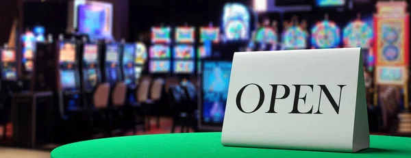 Open metalen bord op een casino tafel, wazig slot machines achtergrond. 3d illustratie — Stockfoto