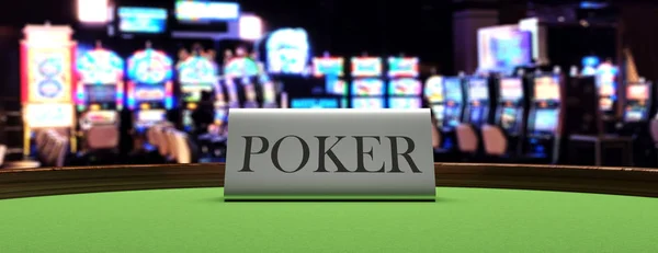 Kumarhane masasında poker metal tabelaları, arka planda bulanık kumar makineleri. 3d illüstrasyon — Stok fotoğraf